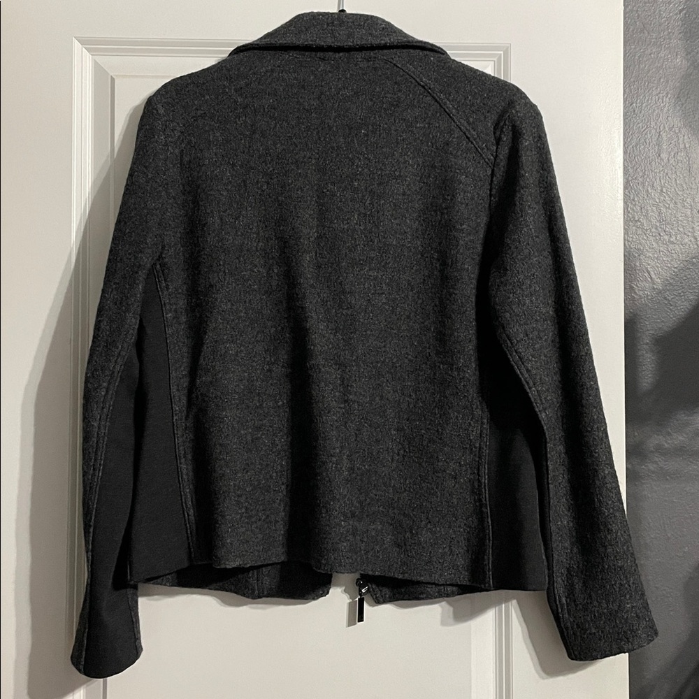 CHICOS Gray Boiled Wool Blend Knit Zip Front Moto Biker Jacket Coat Size Medium - Picture 13 of 15